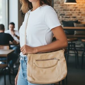 A Leather Stone&Co Stylish Beige Shoulder Bag Purse